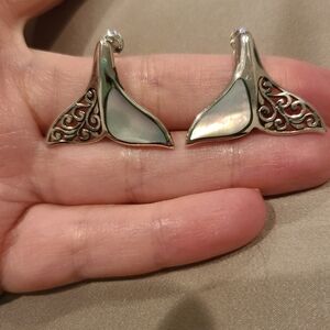 Mother of pearl filigree whale tail sterling silver earrings